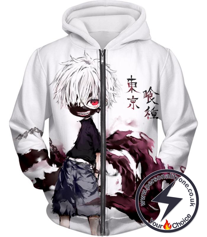 Tokyo Ghoul Very Cool Ken Kaneki Anime Action Art Promo White Zip Up Hoodie